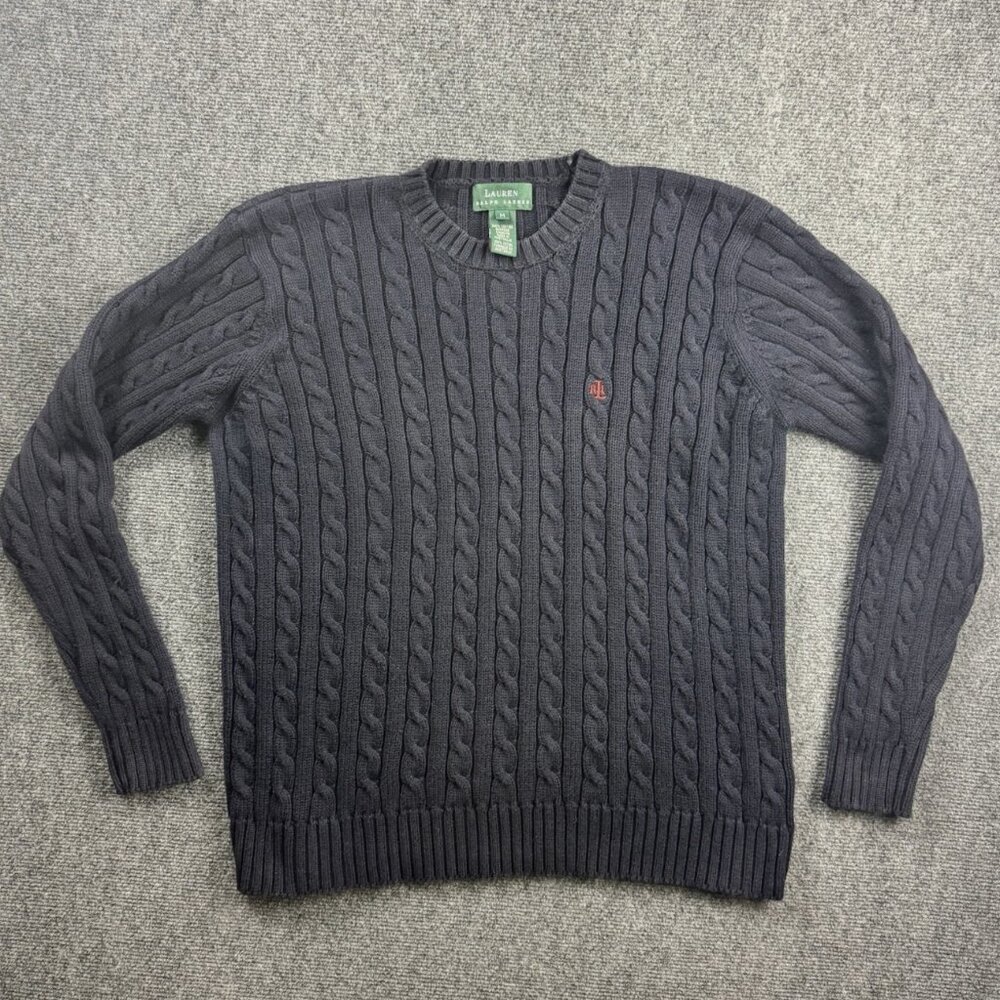 Lauren Ralph Lauren Cable Knit Crew Neck Sweater Women's Medium Navy Blue Preppy
